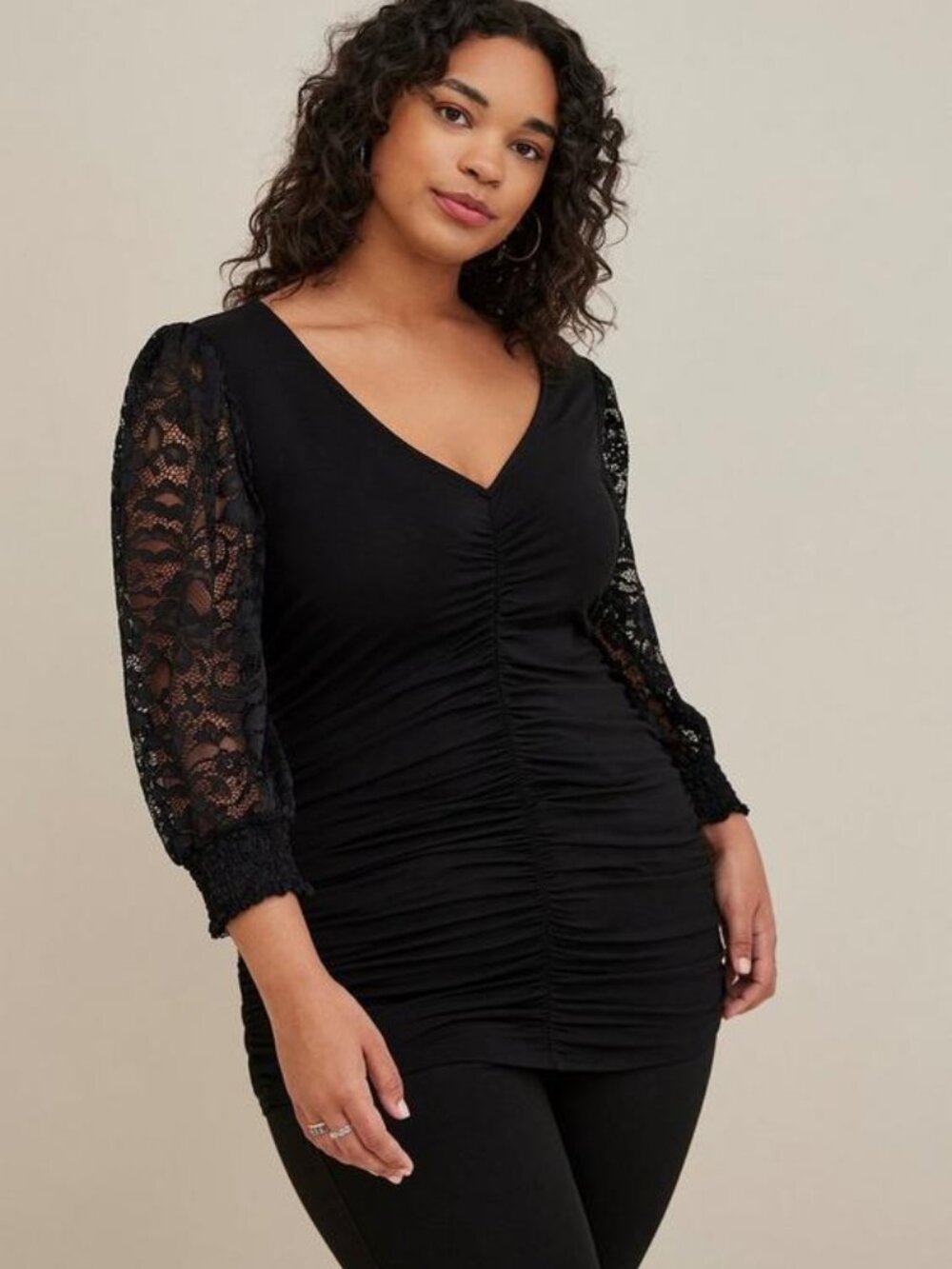 Torrid V-Neck Ruched Front Lace Sleeve Top Black Size 1 1X NWT